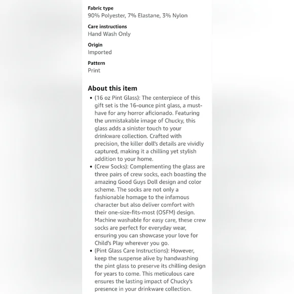 Culture Fly Child's Play Chucky 4 Piece Gift Set 3 Sock Pairs Pint Glass Sz 14+ - Picture 4 of 11